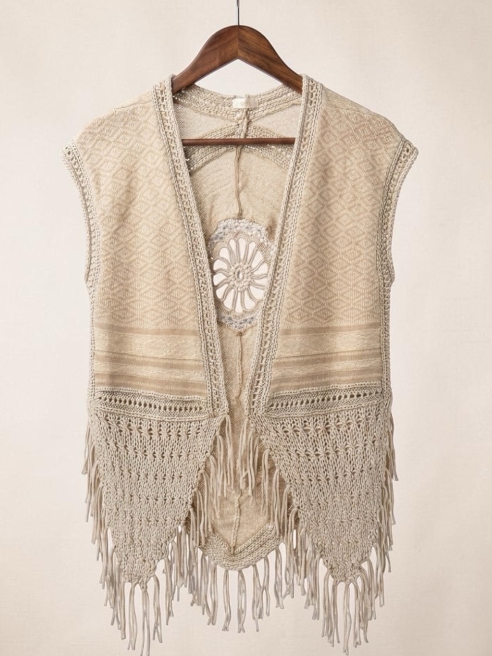 Allard State M Boho Crochet Fringe Poncho Vest Medallion Open Front